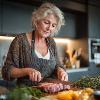 Старша жінка з овочами та фруктами